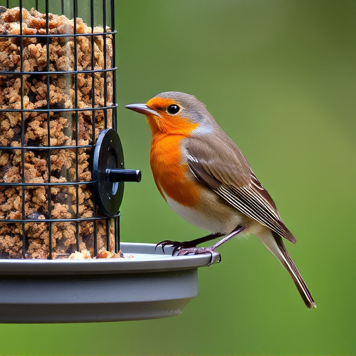 Robin perched beside suet-filled feeder
