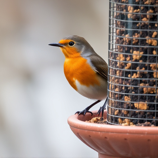 Robin perched beside suet-filled feeder