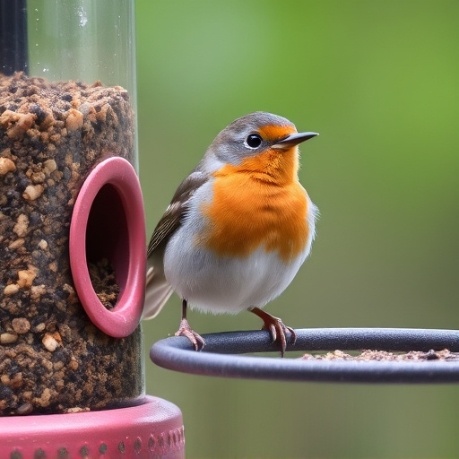 Robin perched beside suet-filled feeder