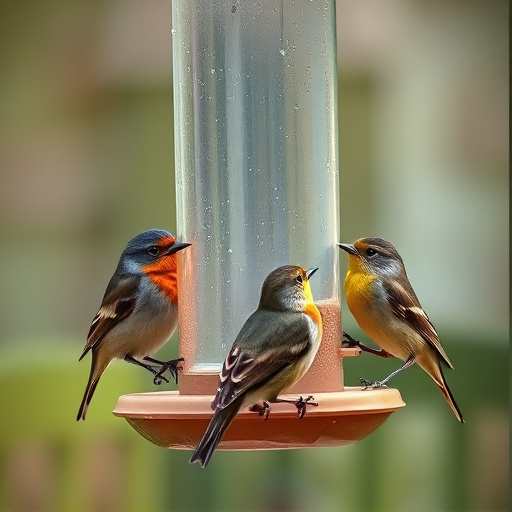 Robins and tits eating from hanging feeder