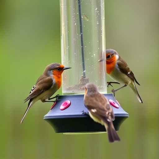 Robins and tits eating from hanging feeder