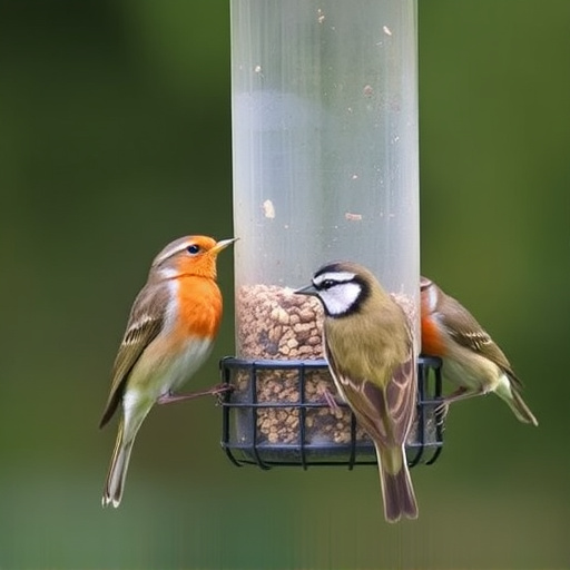 Robins and tits eating from hanging feeder