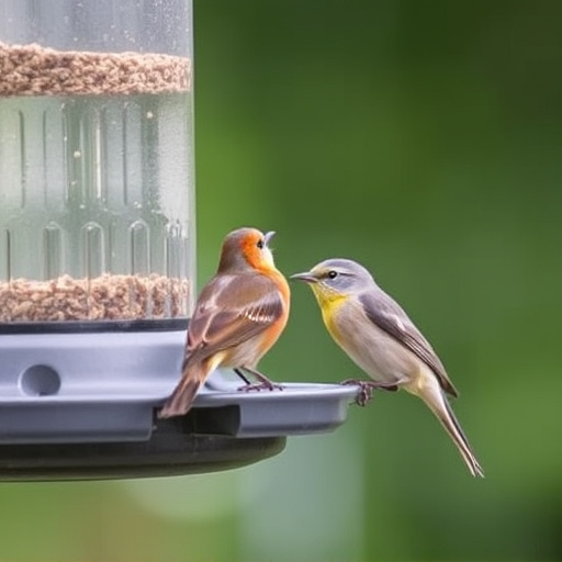 Robins and tits eating from hanging feeder