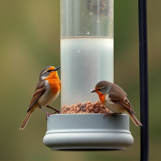 Robins and tits eating from hanging feeder