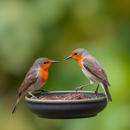 Robins and tits eating from hanging feeder