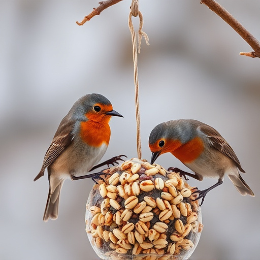 Robins feeding on no-mess seed