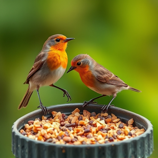 Robins pecking at scattered seed