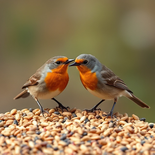Robins pecking at scattered seed