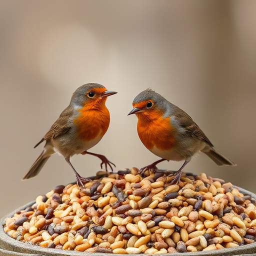 Robins pecking at scattered seed