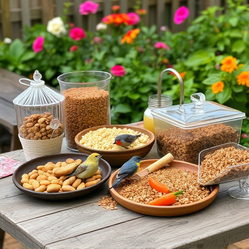Selection of bird foods on garden table