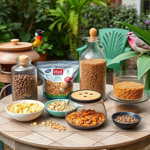 Selection of bird foods on garden table