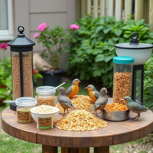 Selection of bird foods on garden table