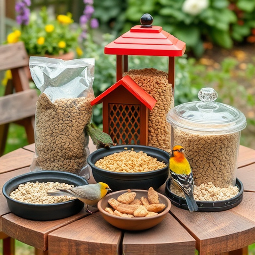 Selection of bird foods on garden table