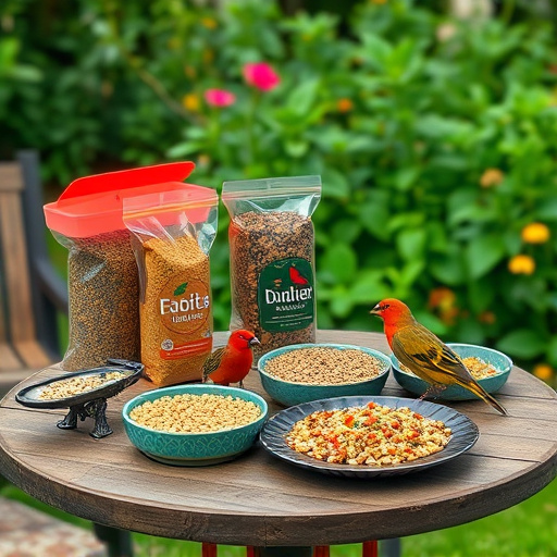 Selection of bird foods on garden table