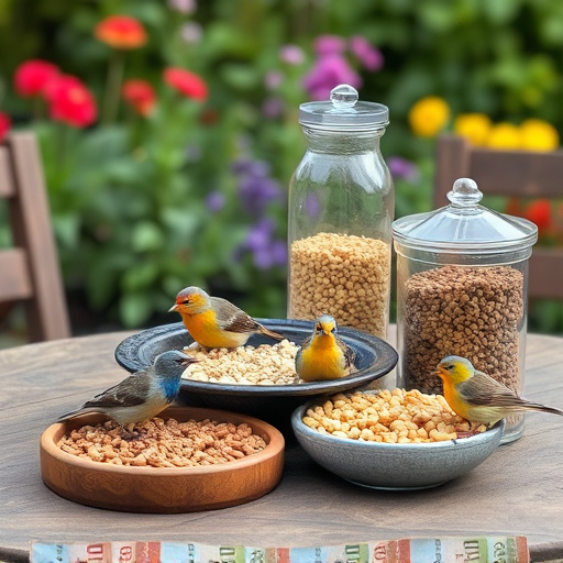 Selection of bird foods on garden table