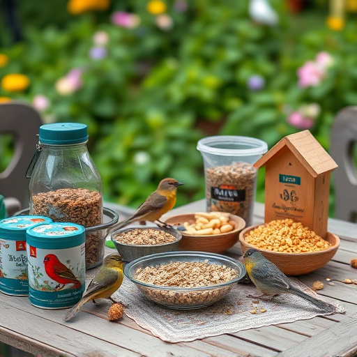 Selection of bird foods on garden table
