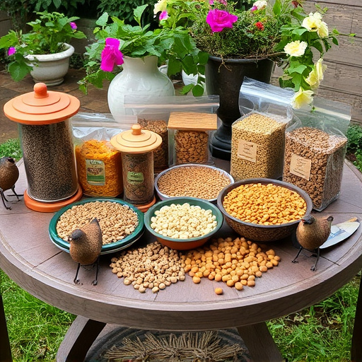 Selection of bird foods on garden table