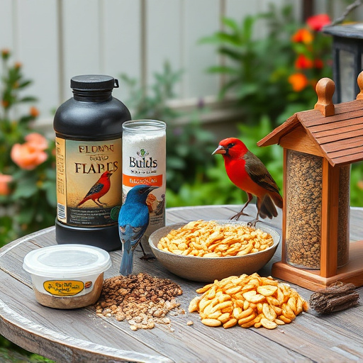 Selection of bird foods on garden table