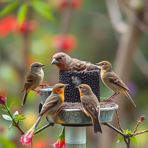 Small garden birds gathered around suet
