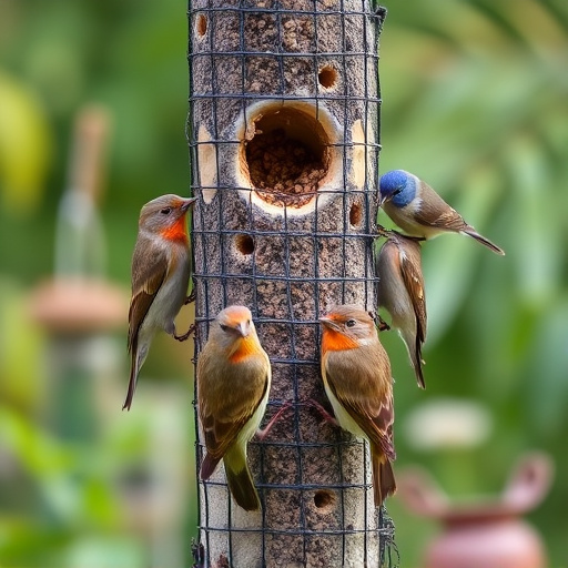 Small garden birds gathered around suet