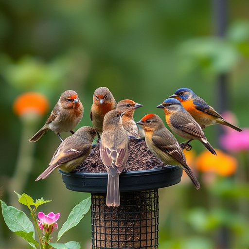 Small garden birds gathered around suet