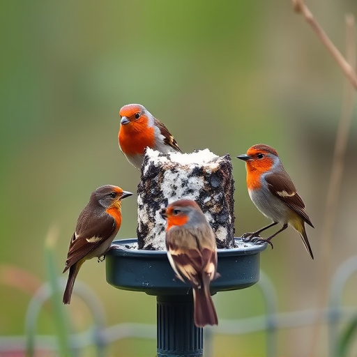 Small garden birds gathered around suet
