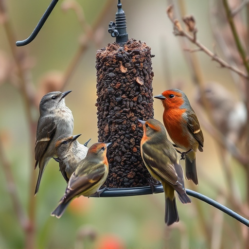 Small garden birds gathered around suet