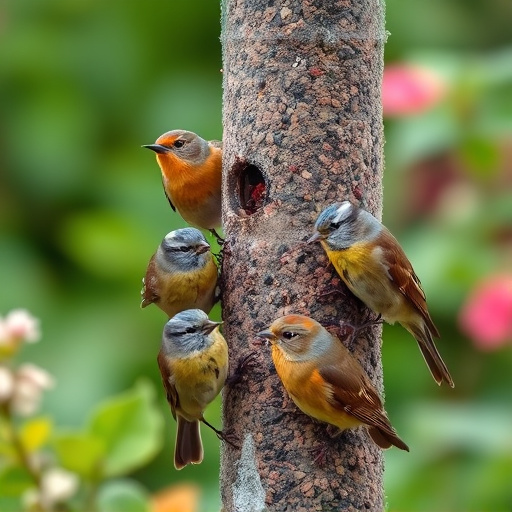 Small garden birds gathered around suet