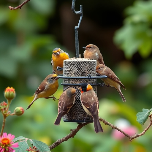 Small garden birds gathered around suet