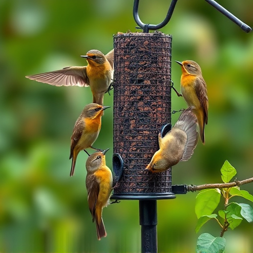 Small garden birds gathered around suet