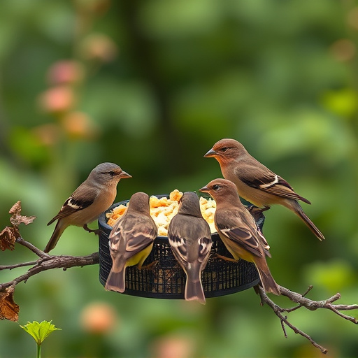 Small garden birds gathered around suet