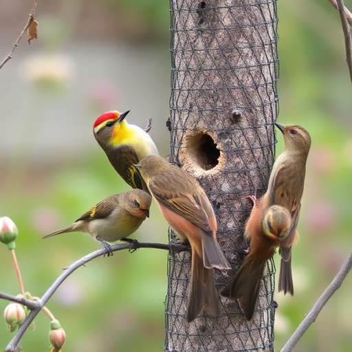 Small garden birds gathered around suet