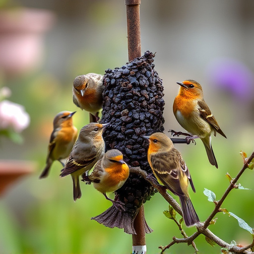 Small garden birds gathered around suet