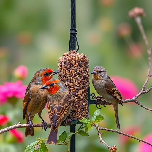 Small garden birds gathered around suet
