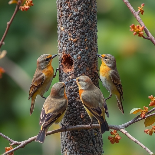 Small garden birds gathered around suet