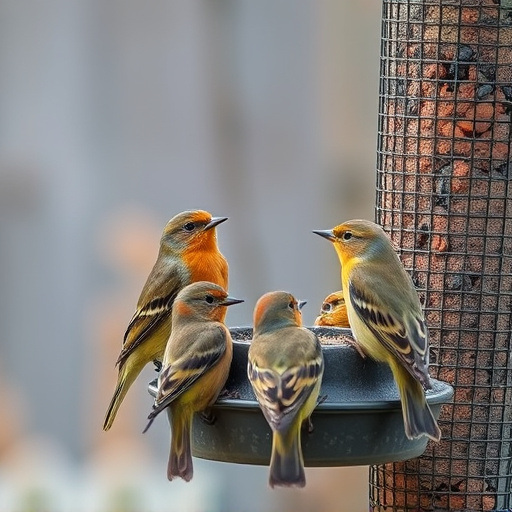 Small garden birds gathered around suet