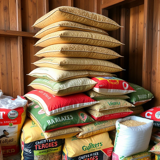 Stack of bird feed parcels indoors