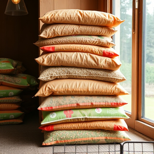 Stack of bird feed parcels indoors