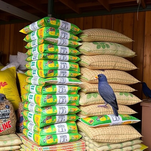 Stack of bird feed parcels indoors