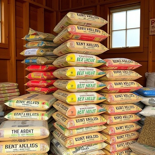 Stack of bird feed parcels indoors