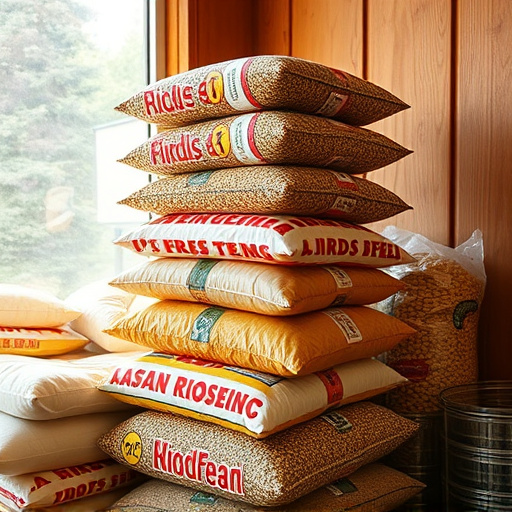 Stack of bird feed parcels indoors
