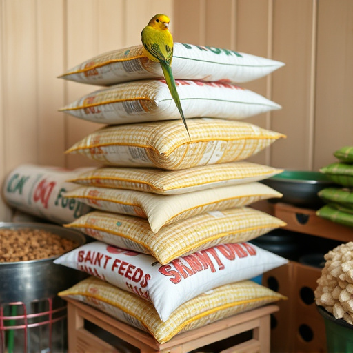 Stack of bird feed parcels indoors