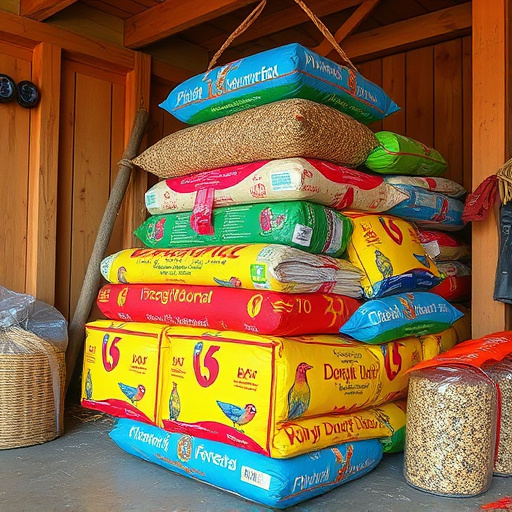 Stack of bird feed parcels indoors