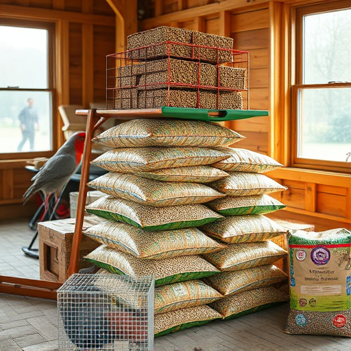 Stack of bird feed parcels indoors