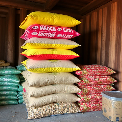 Stack of bird feed parcels indoors