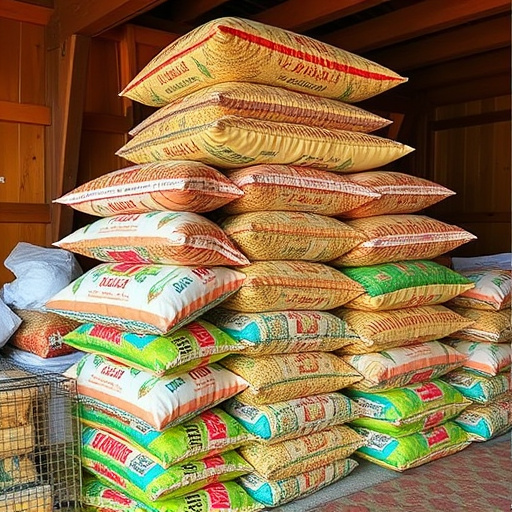 Stack of bird feed parcels indoors