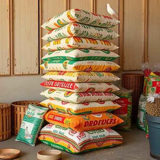 Stack of bird feed parcels indoors
