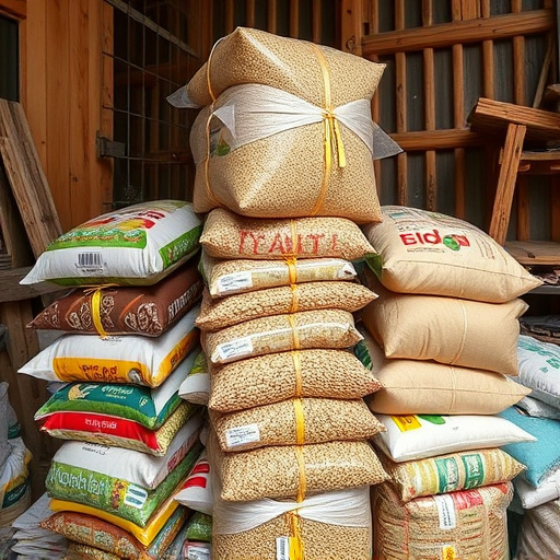 Stack of bird feed parcels indoors