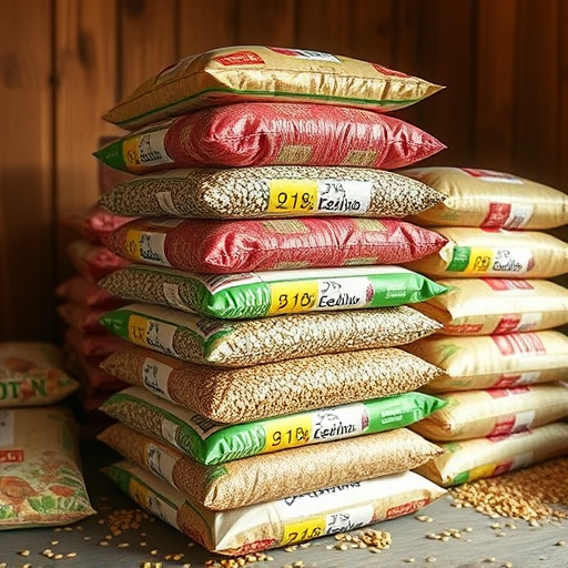 Stack of bird feed parcels indoors
