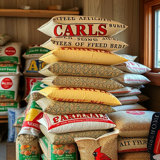 Stack of bird feed parcels indoors